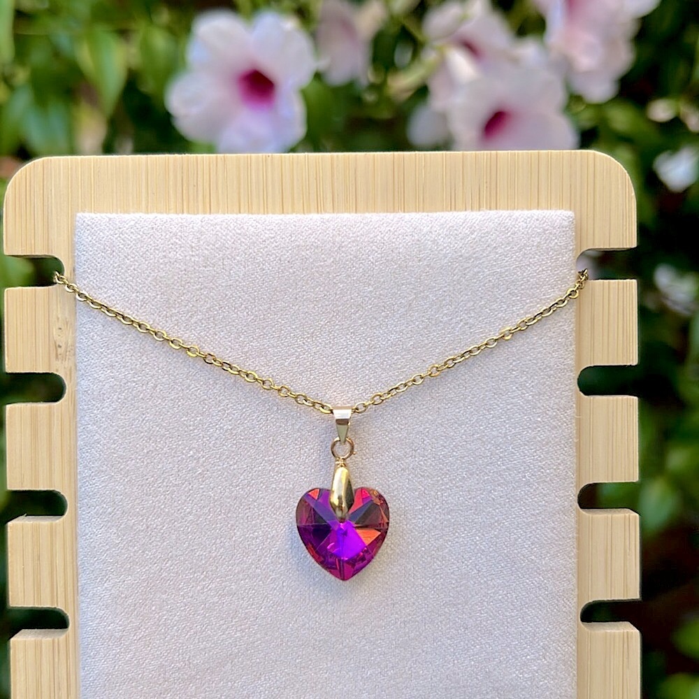 Violet Pink + Gold Crystal Heart Pendant Necklace